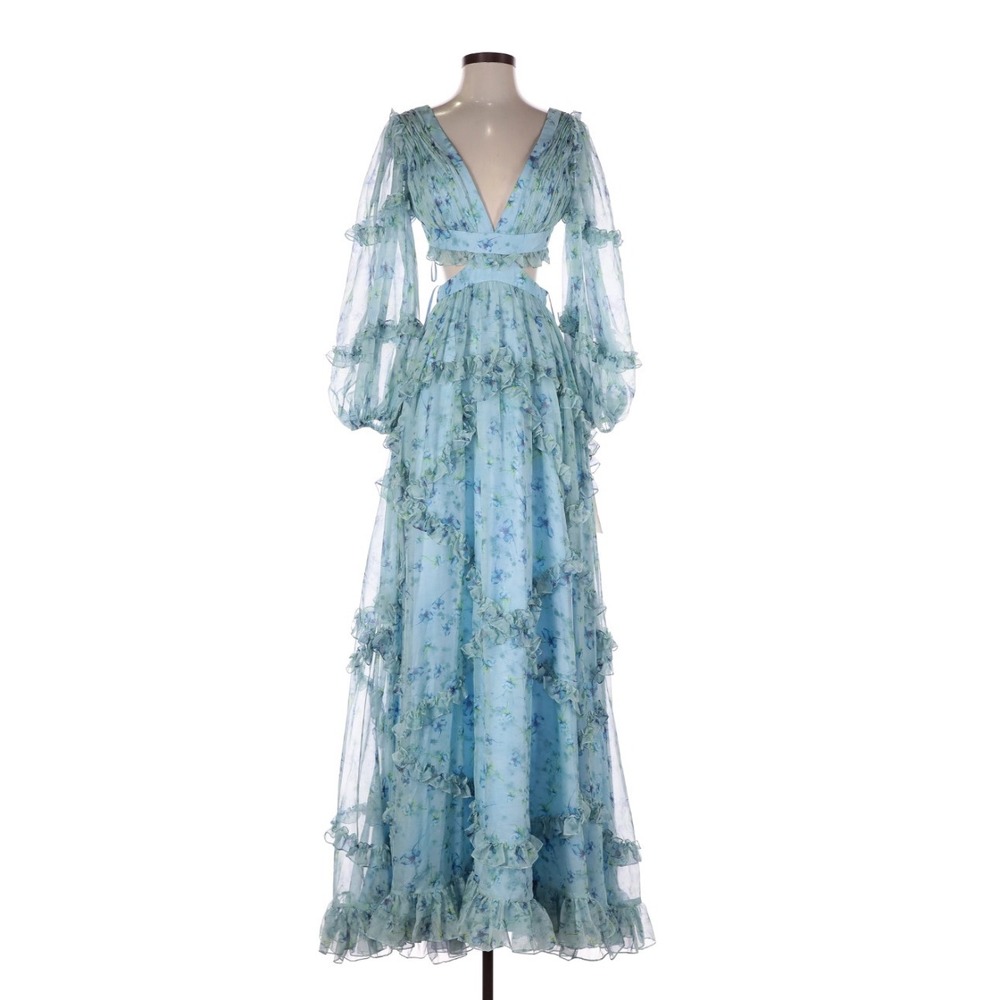 Mac Duggal 70249 Floral Maxi Dress Womens 0 Blue Chiffon Tiered Cut-Out Gown